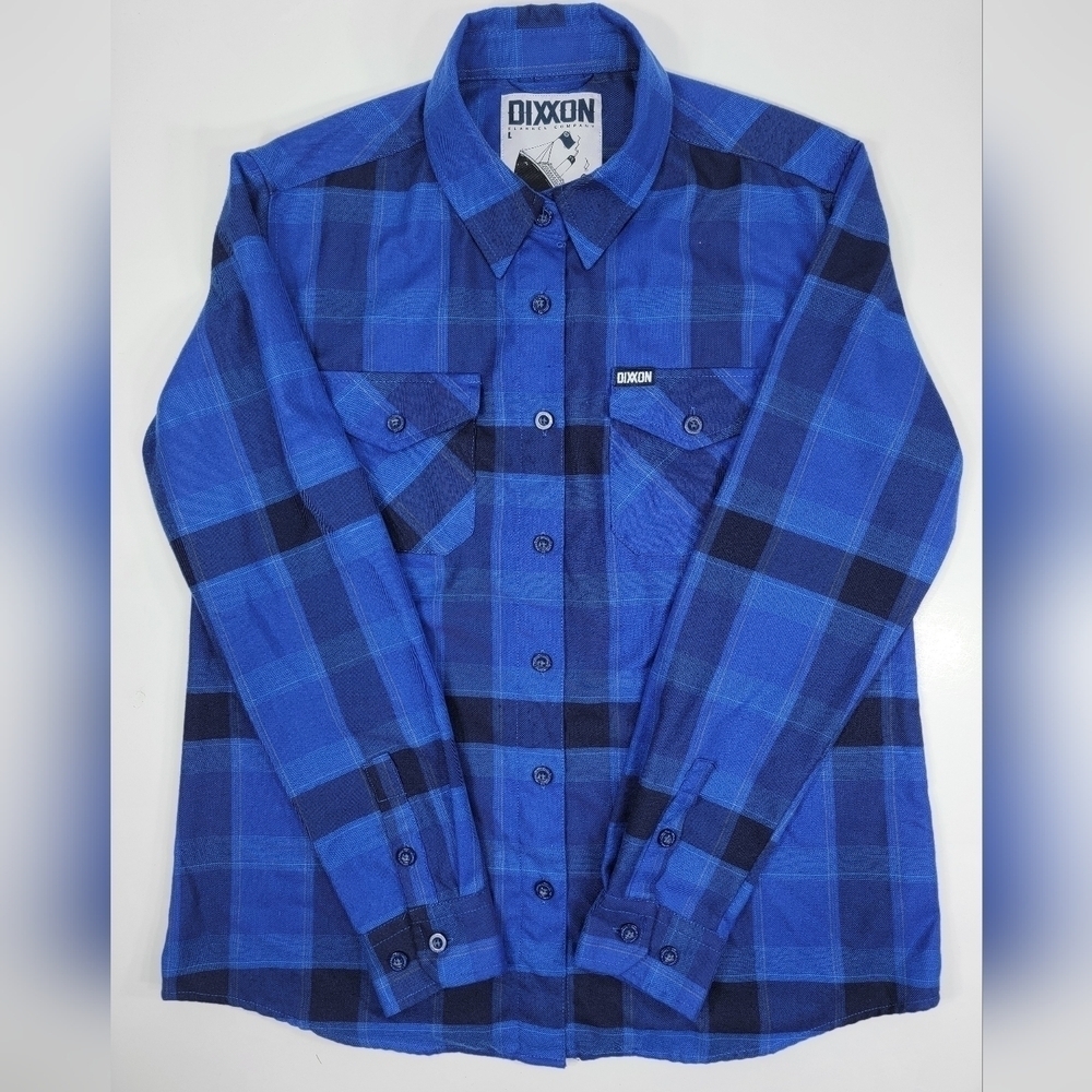 DIXXON Dawson Flannel Shirt Women's Large Blue Black Plaid Button Up Long Sleeve